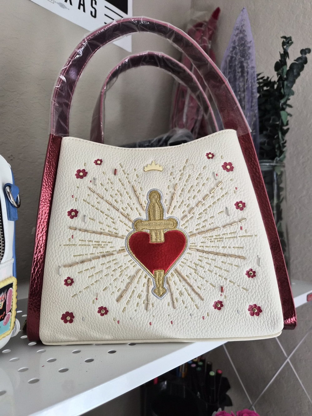 Loungefly Evil Queen Cream Satchel with Red Metallic Trim & Gold Embroidery